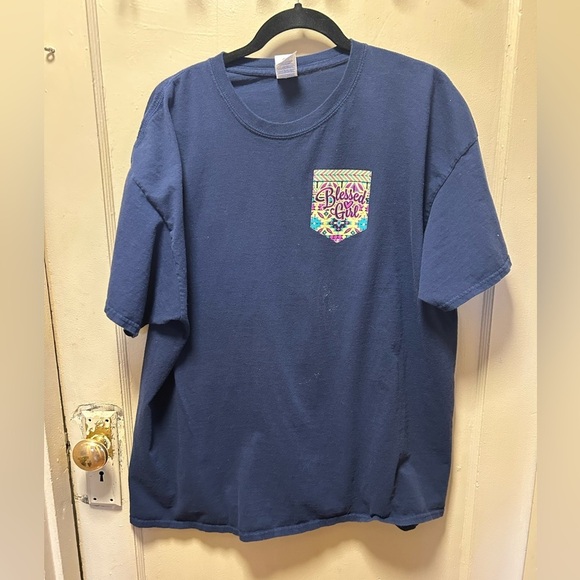 blessed girl Tops - Blue Graphic Pocket Tee